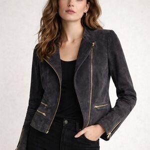 Mango Gray Suede Moto Jacket All Zipped Up Detail